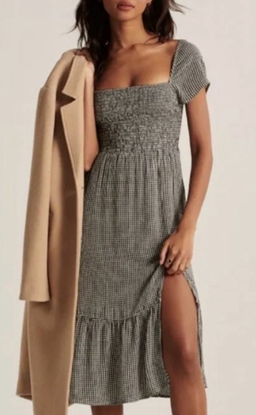 Abercrombie Gingham Smocked Milkmaid Midi Dress Medium Black Cottage Prairie